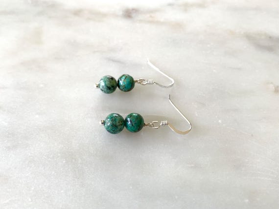 African Turquoise Earrings – Two Stone Stacked Dangles in 14k Gold Filled or Sterling Silver – Minimalist Jewelry Gift
