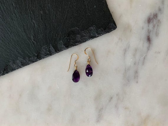 Amethyst Drop Earrings – Small Genuine Gemstone Dangles in Gold – February Birthstone Jewelry