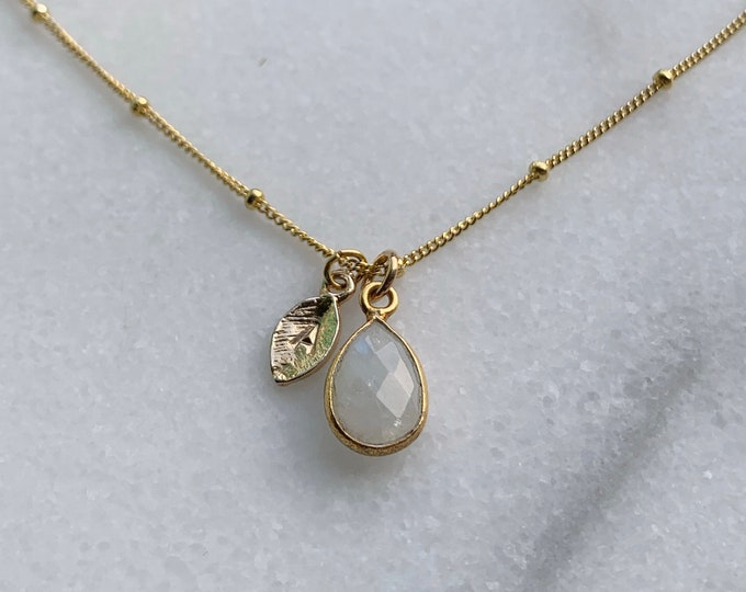 Personalized Rainbow Moonstone Pendant Necklace, Personalized Letter Initial Leaf Name Necklace