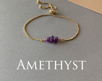 Gemstone Bead Bracelet, AMETHYST Genuine Gemstone Adjustable Bracelet