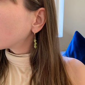 RAW PERIDOT Triple Earrings, Natural Peridot Lever-Back Earrings in 14k Gold Filled or Sterling Silver