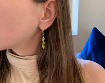 RAW PERIDOT Triple Earrings, Natural Peridot Lever-Back Earrings in 14k Gold Filled or Sterling Silver