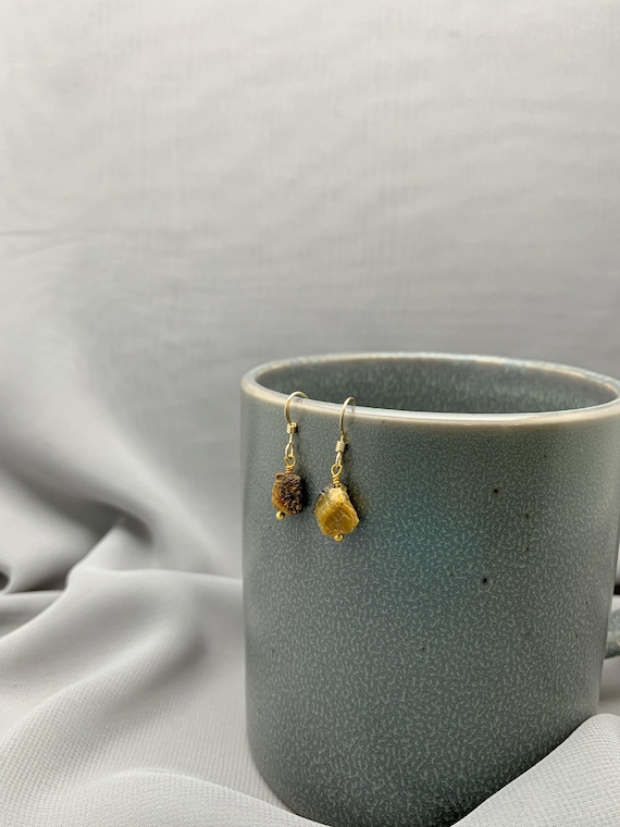 Raw Tiger’s Eye Earrings – Rough Gemstone Dangles in 14k Gold Filled or Sterling Silver