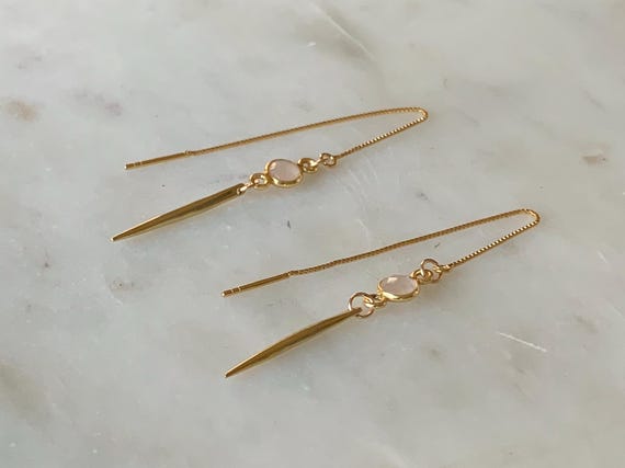 Rose Quartz Spike Threader Earrings – 14k Gold Filled Pull Through Box Chain Earrings with Vermeil Spikes