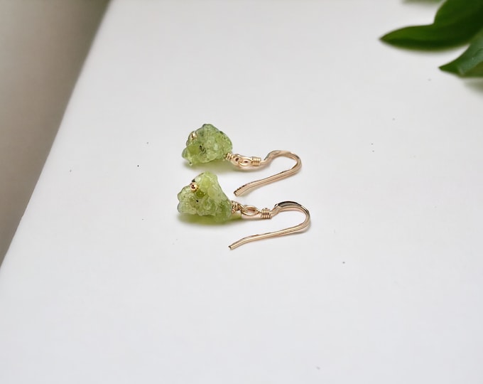 RAW PERIDOT Earrings,14k Gold Filled, Rose Gold Filled, or Sterling Silver, Rough Gemstone Earrings, Dangle Earrings