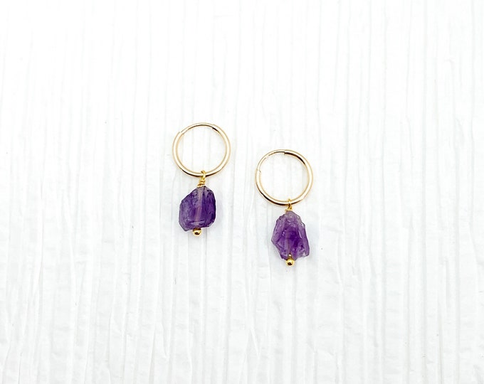 RAW AMETHYST 14k Gold Filled Endless Hoop Earrings, Dainty Hoop Dangle Earrings