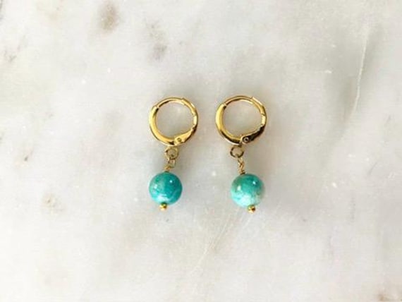 Amazonite Huggie Hoop Earrings – Natural Gemstone Bead Dangles – Gold or Silver Round Leverback Earrings