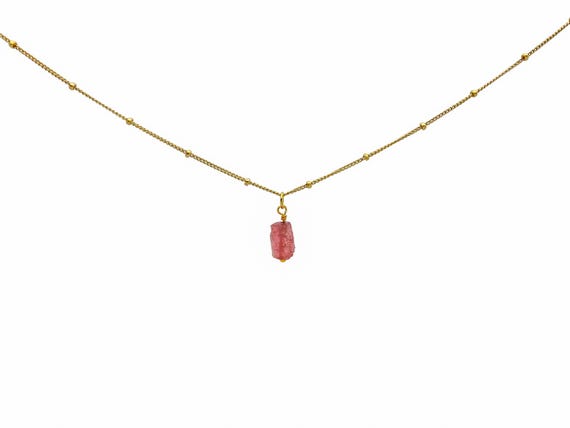 Raw Pink Tourmaline Necklace – Tiny Crystal Drop on Satellite Chain – Gold Filled or Sterling Silver