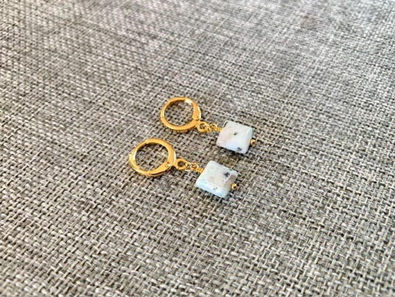 Kiwi Jasper Huggie Hoop Earrings – Gold Leverback Natural Gemstone Jewelry