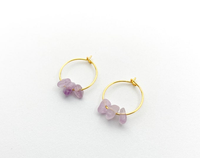 PURPLE KUNZITE Chip Small Hoop Earrings, 14k Gold Filled, Rose Gold Filled, or Sterling Silver Tiny Hoop Earrings With Genuine Gemstone Bead