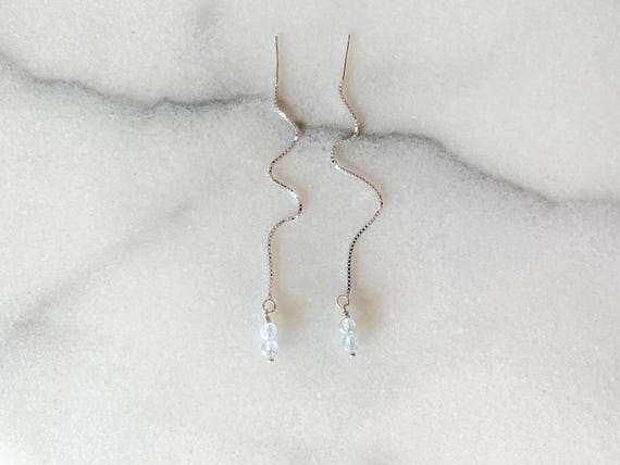 Aquamarine Threader Earrings – March Birthstone – Faceted Two Stone Stack – Sterling Silver or 14k Gold Filled Box Chain Pull Through Style