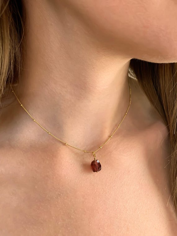 Raw Garnet Choker Necklace – Red Crystal Birthstone Pendant in 14k Gold Filled or Sterling Silver