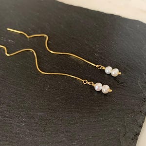 Two Pearl Threader Earrings – Raw Gemstone Dangle in Gold or Sterling Silver – Minimalist Jewelry