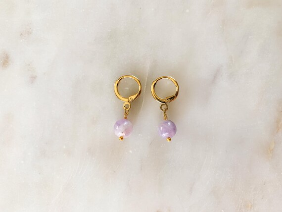Purple Kunzite Hoop Earrings – Gold Plated Huggie Hoops with Beaded Gemstone Charms