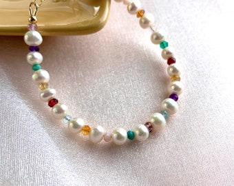 PEARL Rainbow Bracelet With Gemstone Accent Beads, Freshwater Pearl Beaded Bracelet, Multicolor Pearl Beaded Bracelet, Christmas Gift