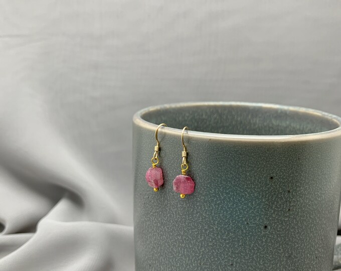 RAW PINK TOURMALINE Earrings,14k Gold Filled, Rose Gold Filled, or Sterling Silver, Rough Gemstone Earrings, Dangle Earrings