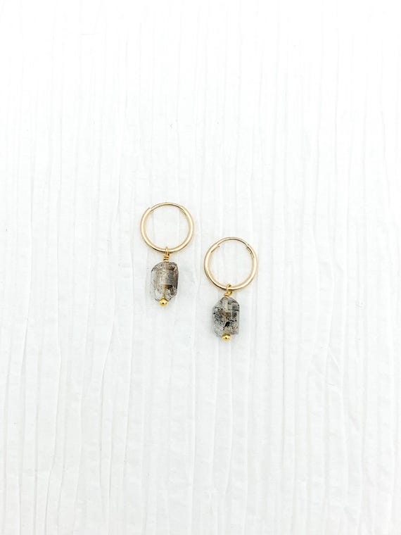 Small Herkimer Diamond Hoop Earrings – 14k Gold Filled Quartz Hoops with Black Inclusions