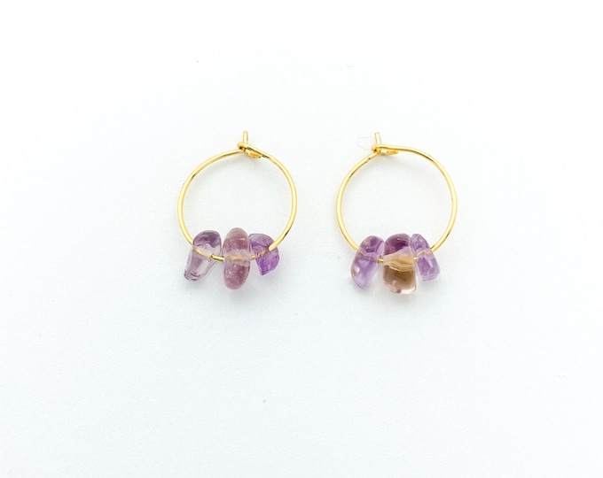 AMETRINE Chip Small Hoop Earrings, 14k Gold Filled, Rose Gold Filled, or Sterling Silver Tiny Hoop Earrings With Genuine Gemstone Beads