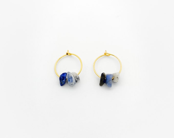 SODALITE Chip Small Hoop Earrings, 14k Gold Filled, Rose Gold Filled, or Sterling Silver Tiny Hoop Earrings With Genuine Gemstone Beads