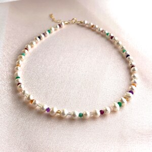 Pearl Rainbow Beaded Necklace – Freshwater Pearl Choker with Gemstone Accent Beads