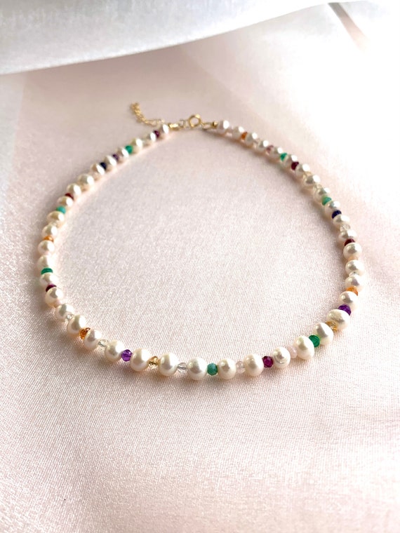 Pearl Rainbow Beaded Necklace – Freshwater Pearl Choker with Gemstone Accent Beads