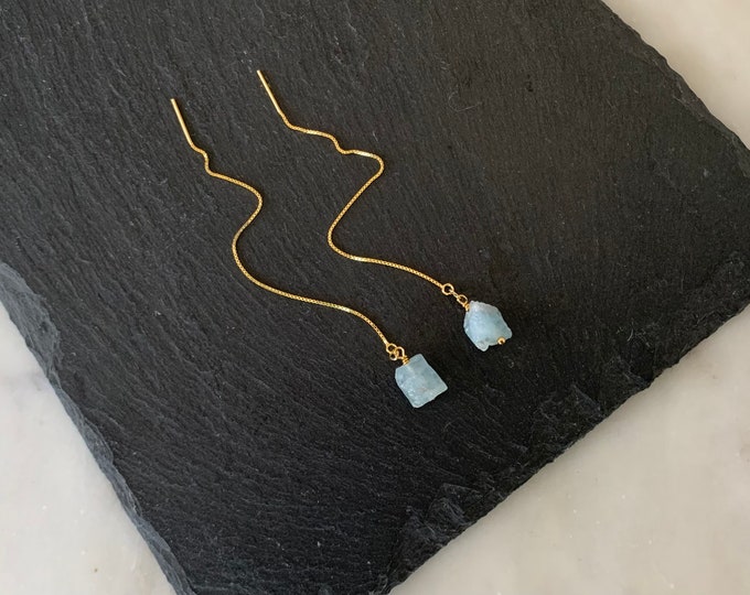 RAW AQUAMARINE Threader Earrings, Raw Gemstone Threader Earrings in Gold or Sterling Silver