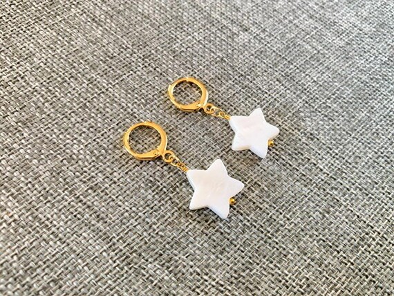 White Mother of Pearl Star Huggie Hoop Earrings – Gold Leverback Seashell Jewelry
