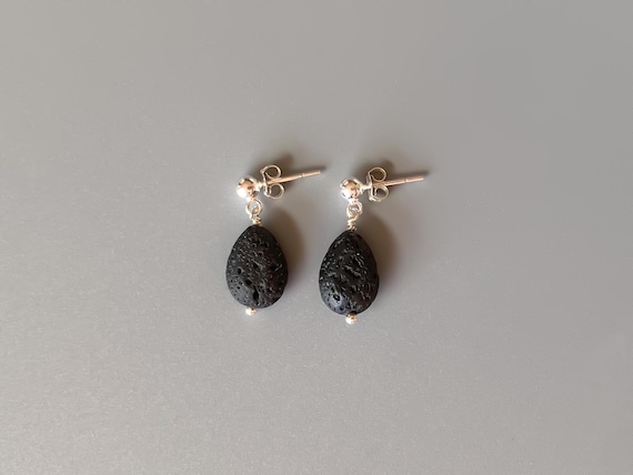 Black Lava Teardrop Stud Earrings – 14k Gold Filled or Sterling Silver Minimalist Jewelry