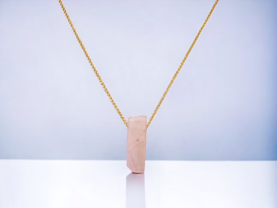 Raw Rose Quartz Slab Necklace – Pink Gemstone Layering Pendant in 14k Gold Filled or Sterling Silver