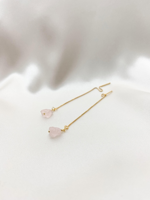 Raw Rose Quartz Threader Earrings – October Birthstone Pull Through Hoops in Gold or Silver