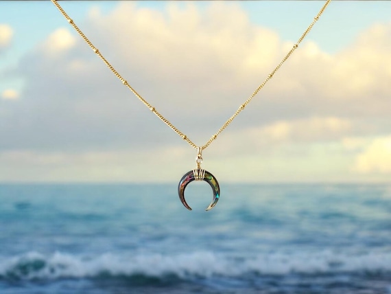 Abalone Shell Crescent Necklace – Double Horn Pendant in 14k Gold Filled or Sterling Silver
