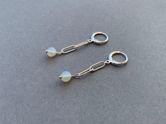 Opalite Long Link Chain Earrings – Sterling Silver or Gold Plated Sterling Silver Drop Earrings