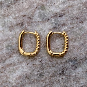 Gold Textured Huggie Earrings Minimalist Small Rectangle Hoops Everyday Jewelry