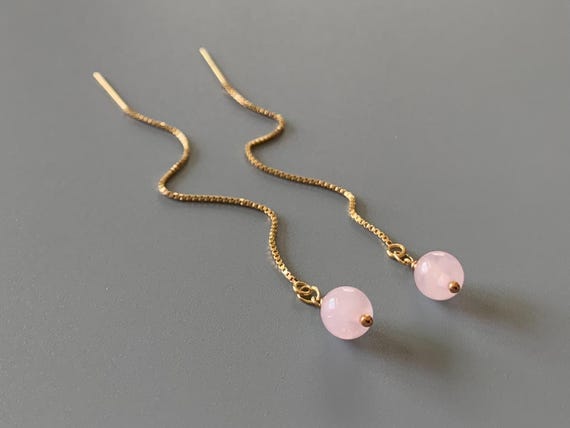 Rose Quartz Threader Earrings – 6mm Gemstone Pull Through Earrings in Gold Filled or Silver