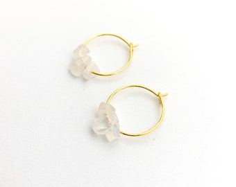 RAINBOW MOONSTONE Chip Small Hoop Earrings, 14k Gold Filled, Rose Gold Filled, or Sterling Silver Tiny Hoop Earrings With Genuine Gemstones