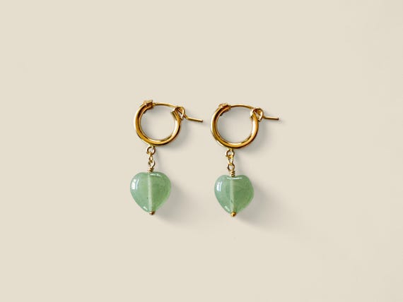 Green Aventurine Hoop Earrings – Heart Gemstone Dangles in 14k Gold Filled or Sterling Silver Euro Hoops