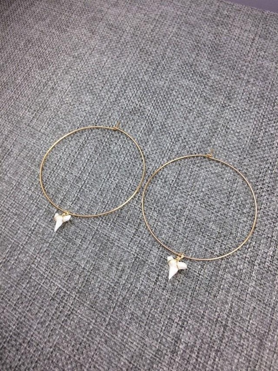 Shark Tooth Hoop Earrings – Fossil Shark Tooth Jewelry – Handmade Gold or Silver Hoop Earrings – Unique Beach Style Jewelry Gift