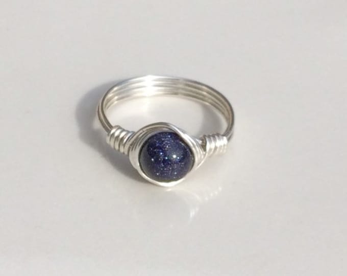 Blue Goldstone Ring, Blue Sparkle Crystal Ring, Gemstone Ring, Sterling Silver Ring, Blue Galaxy Ring, Natural Ring, Organic Ring