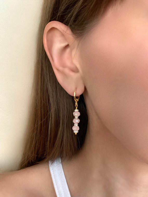Rose Quartz & Pearl Bar Huggie Hoop Earrings – Gold Leverback Gemstone Dangle Jewelry