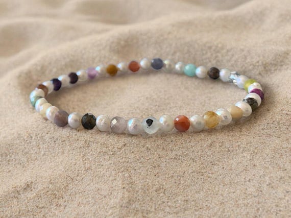Pearl & Mixed Gemstone Stretch Bracelet – 4mm Freshwater Pearl Beaded Stacking Jewelry