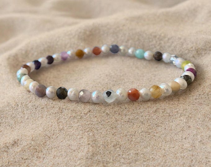 Featured listing image: Pearl and Mixed Gemstones Stretch Bracelet – Cultured Freshwater Pearl Beaded Bracelet – 4mm Beaded Stacking Bracelet – Beach Jewelry