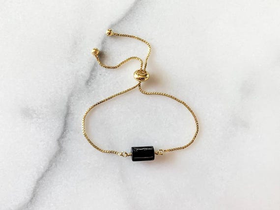 Black Tourmaline Bracelet – Adjustable Gemstone Box Chain – Gold or Silver Plated Crystal Jewelry