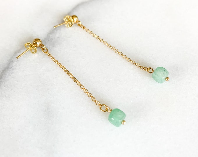 GREEN AVENTURINE Long Chain Stud Earrings, 14k Gold Filled, Rose Gold Filled, or Sterling Silver Tiny Earrings With Natural Gemstone Beads