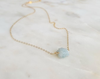 Aquamarine Crystal Necklace – Raw March Birthstone Pendant – 14k Gold Filled or Sterling Silver Cable Chain