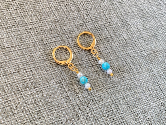 Turquoise & Pearl Huggie Hoop Earrings – Gold or Silver Leverback Earrings – Gemstone Stack Dangle Jewelry