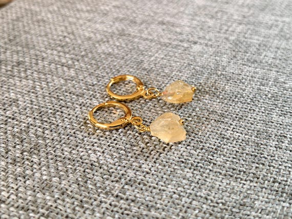 Raw Citrine Huggie Hoop Earrings – Gold Leverback Natural Gemstone Jewelry