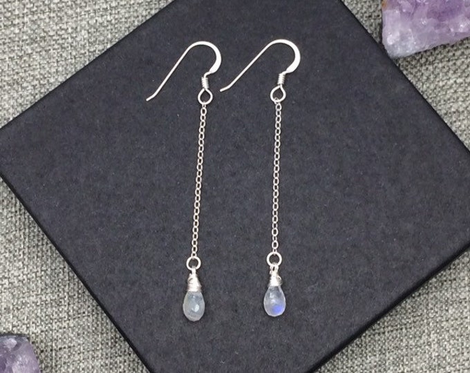 Rainbow Moonstone Chain Drop Earrings, Moonstone Earrings, Blue Flash Moonstone, 14k Gold Filled, Sterling Silver, or Rose Gold Filled