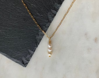 PEARL 3 Drop Pendant Paper Clip Necklace, Gold Paper Clip Necklace, Rectangle Chain necklace, Necklace, Back to School, Anniversary Gift