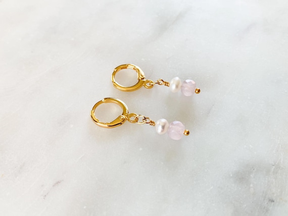 Rose Quartz & Pearl Cube Stack Huggie Hoop Earrings – Gold Leverback Gemstone Jewelry