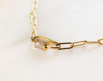 Gold Carabiner Clasp Necklace – Paperclip Chain with CZ Screw Lock Pendant